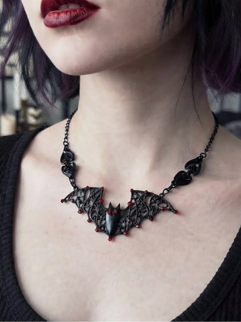 Hand Crafted Gothic Black Bat Necklace